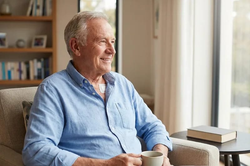 Elderly patient wearing a small cardiac monitoring patch, sitting comfortably at home