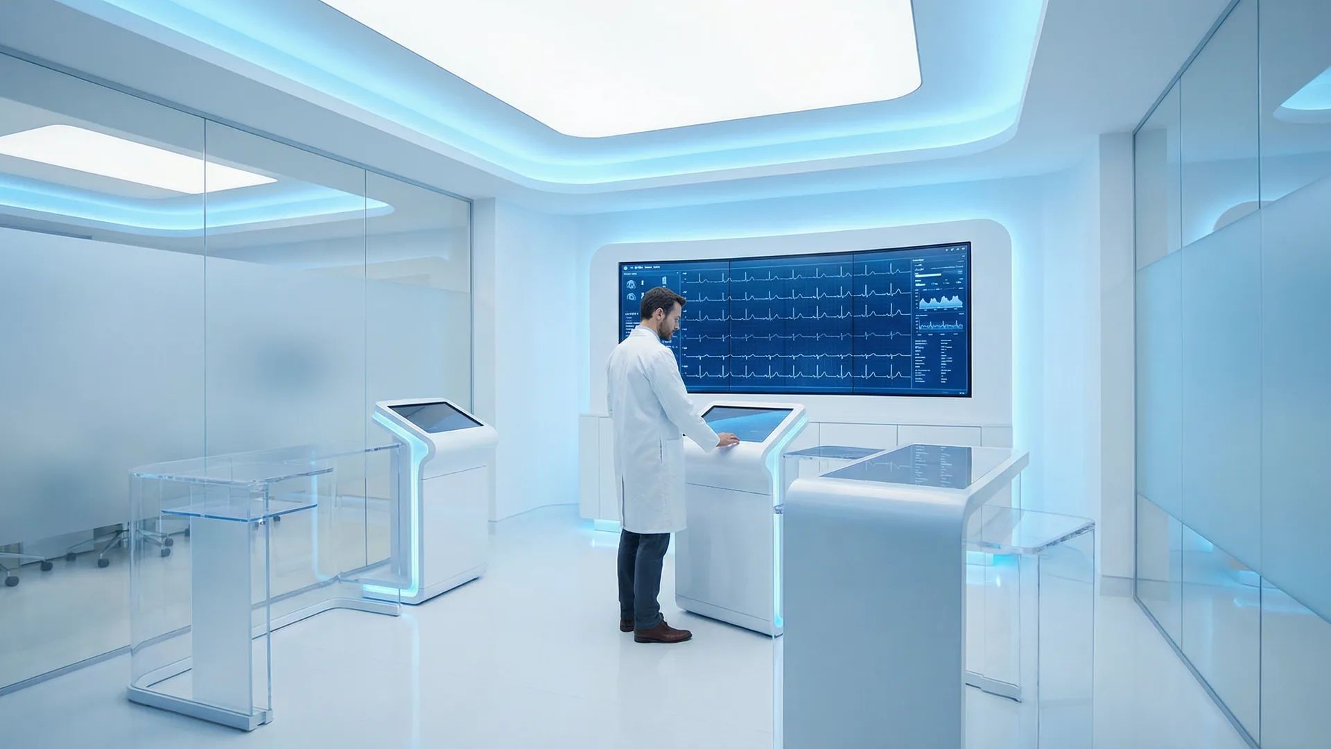 Modern cardiac monitoring technology laboratory with ECG data display