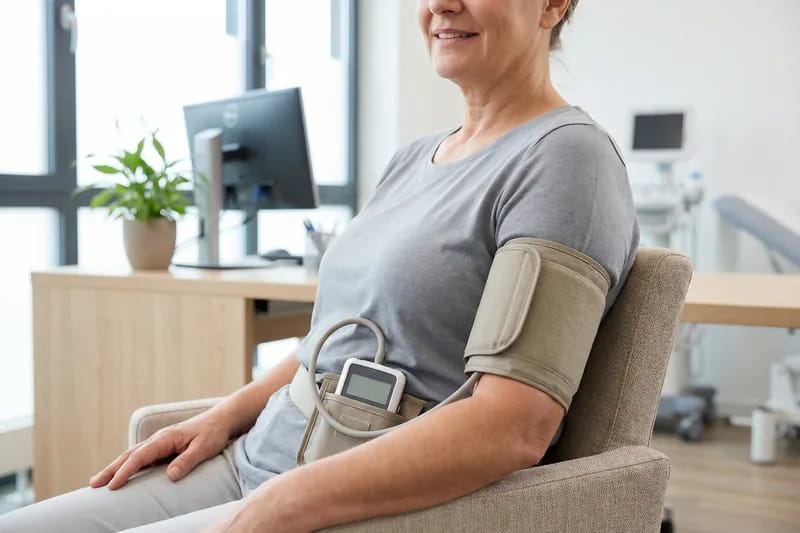 Patient wearing ambulatory blood pressure monitoring cuff in a modern clinical setting