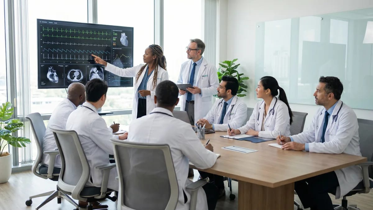 Diverse team of cardiologists reviewing cardiac monitoring data together in a modern hospital conference room